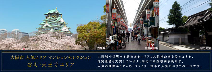 大阪市 人気エリア マンションセレクション 谷町・天王寺エリア 大阪城や寺町など歴史あるエリア。大阪城公園を始めとする、自然環境も充実しています。周辺には空堀商店街など、人気の商業エリアもありファミリー世帯に人気のエリアの一つです。