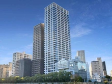 【大阪府/大阪市福島区福島】クレヴィアタワー中之島 外観：正面の建物。
制振構造採用の地上36階建タワーマンション