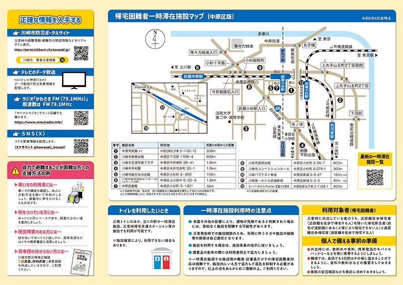 「防災必携マニュアル中原区版」帰宅困難者一時滞在施設マップ