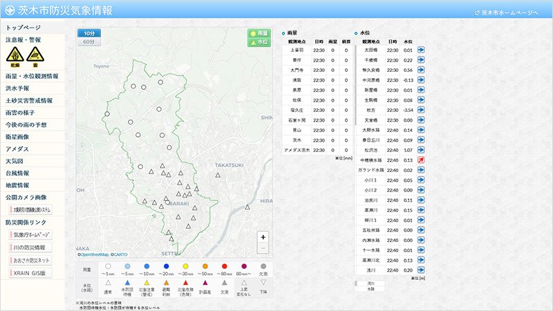 茨木市防災気象情報提供ウェブサイト 雨量・水位観測情報 茨木市防災気象情報提供ウェブサイト 雨量・水位観測情報