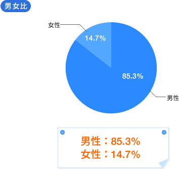 [グラフ]男女比 男性：85.3% 女性：14.7%